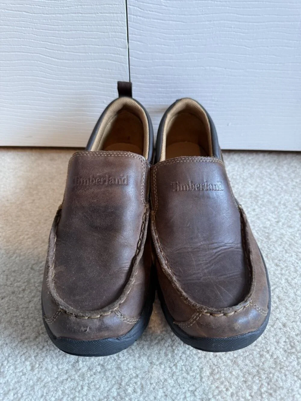 Timberland Boys Brown Leather Loafers Moc-Toe Slip-On Shoes Youth Size 5